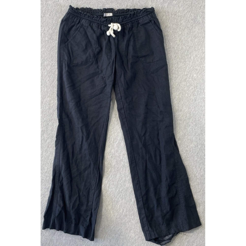 Roxy Ankle Pants Womens Medium Black Linen Straight Leg Elastic Waist Drawstring